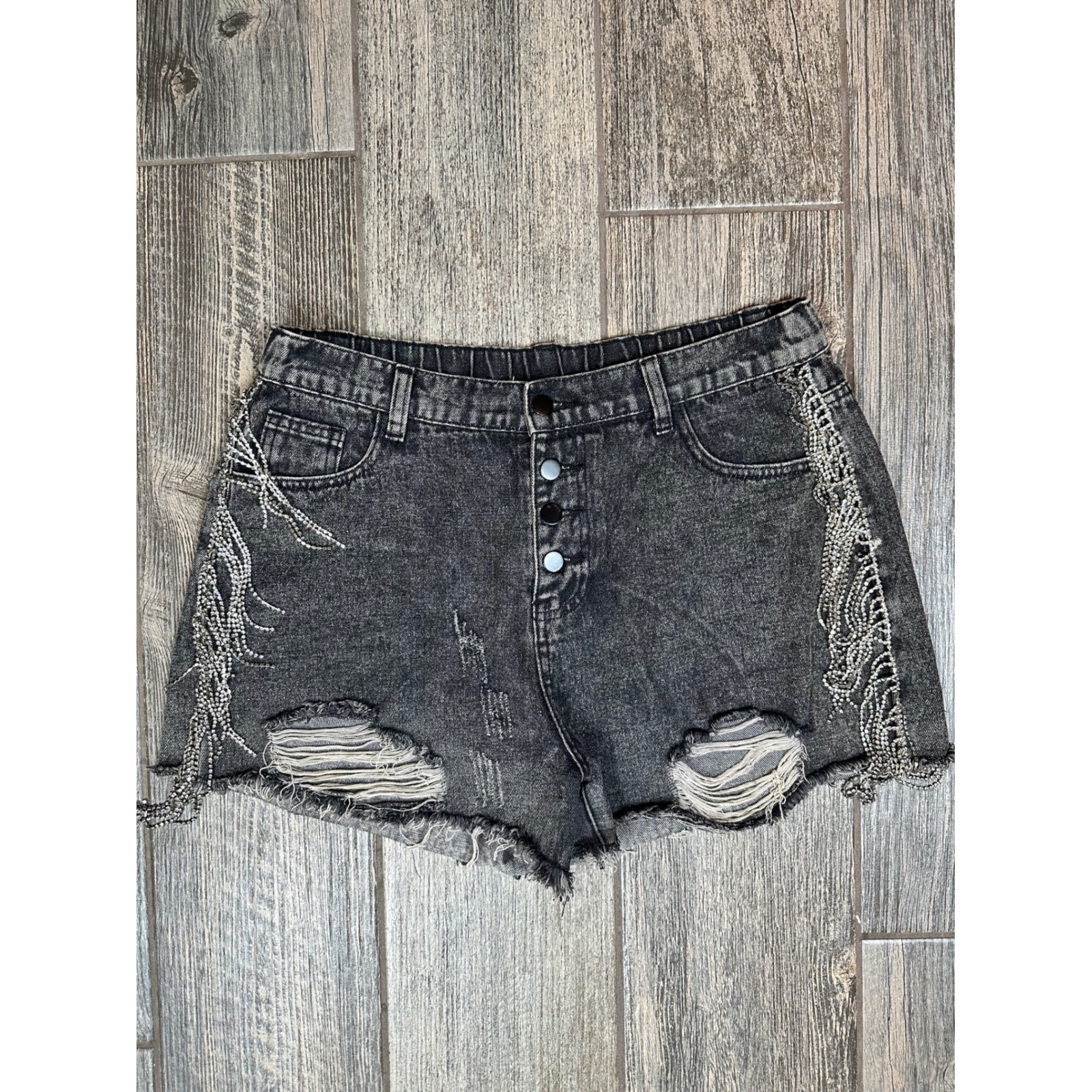 Savanna Jane Black Acid Wash Rhinestone Fringe Distressed Denim Shorts - L